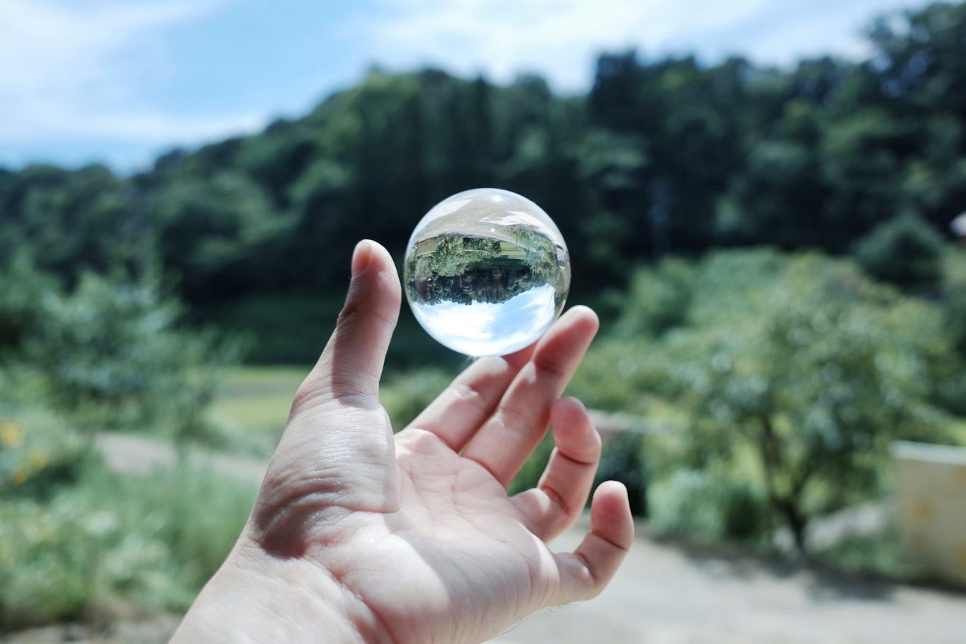 Eine Hand hält eine Kristallkugel, die die Landschaft im Hintergrund reflektiert.